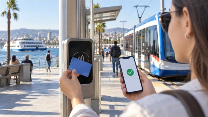 İzmir tramvay ve vapur hattında temassız kart ile mobil ödeme yapan yolcunun yapay zekâ üretimi temsili görseli