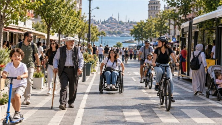 Farklı yaşlardan ve hareketlilik ihtiyaçlarından insanların güvenli kent sokağını birlikte kullandığı yapay zekâ üretimi temsili görsel