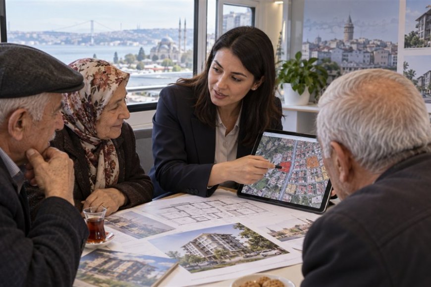 Ofisbüs içinde vatandaşlara bina ve parsel haritası anlatan uzman
