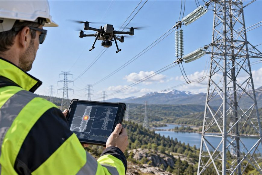 Drone ile enerji nakil hattı denetimi yapan saha uzmanı