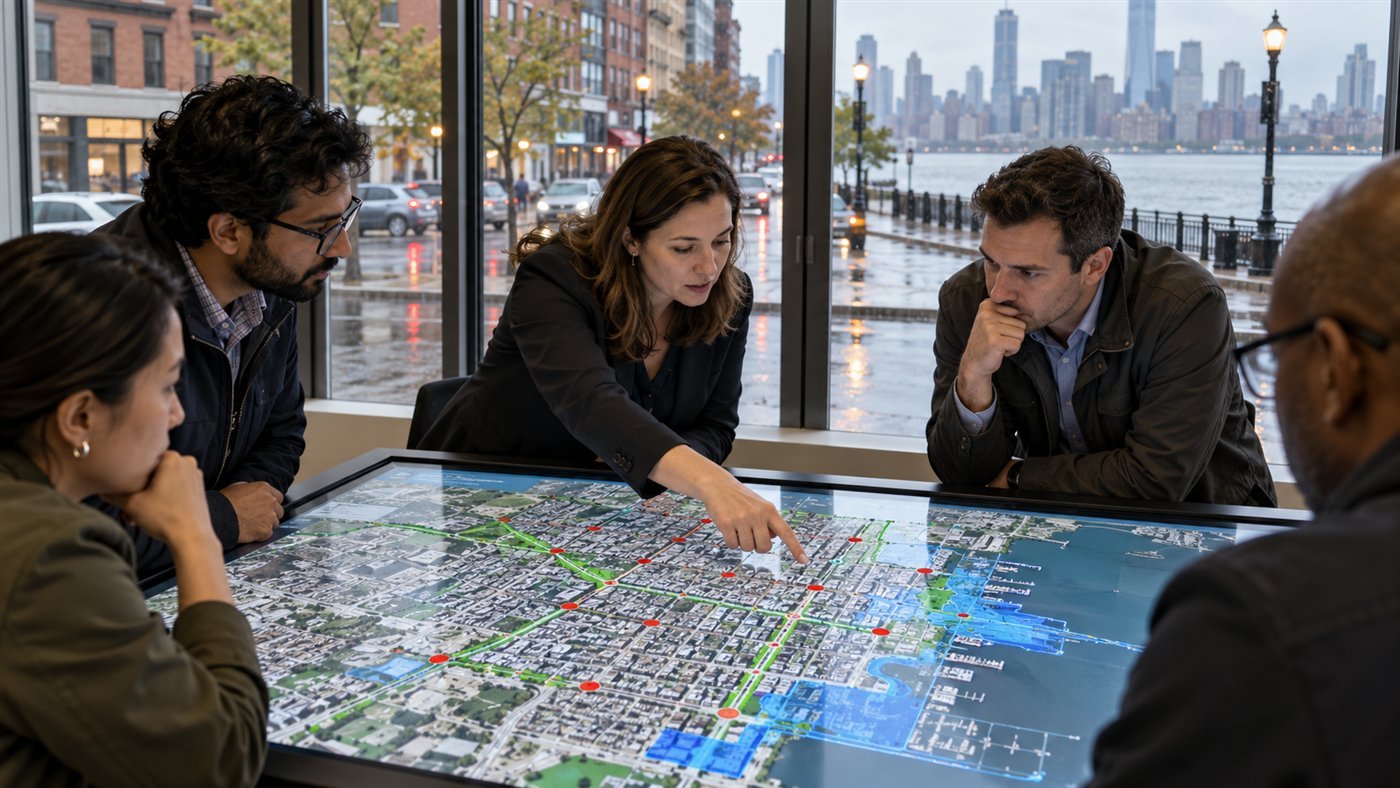 Hoboken kent merkezinde trafik güvenliği ve sel riskini gösteren CBS tabanlı dijital harita