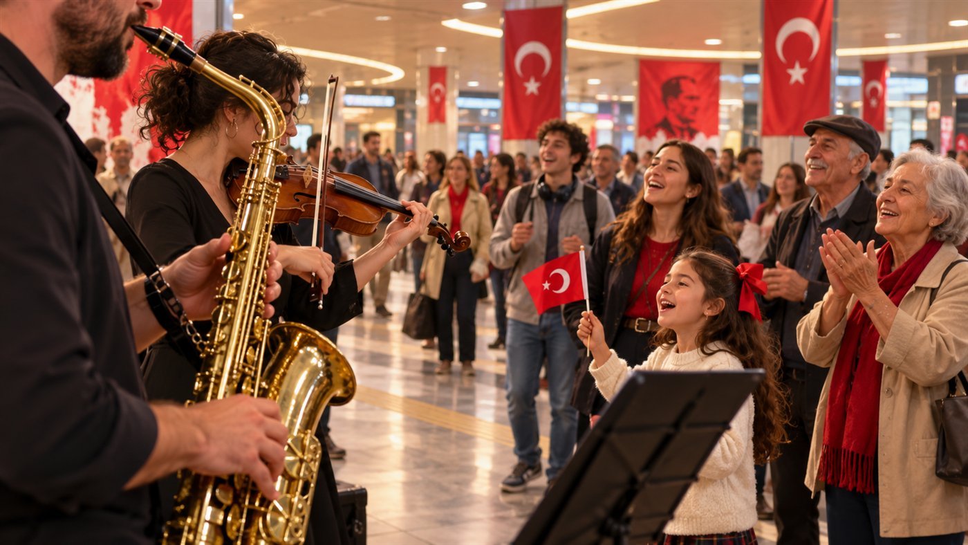 Metroda saksafon ve yaylı çalgıları dinleyen farklı kuşaklardan yolcuların temsili sahnesi