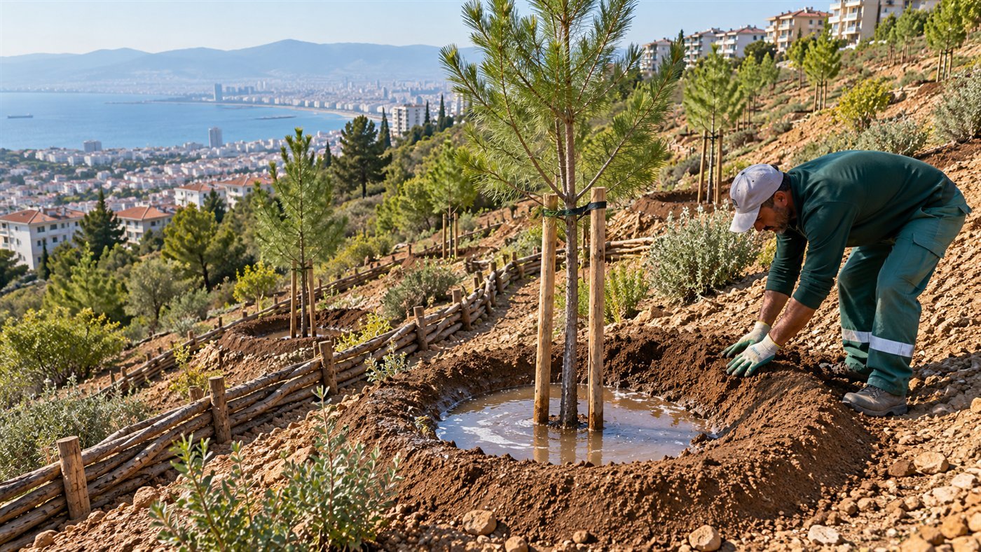 Toprakta su tutmayı destekleyen teraslar, sulama çanakları ve yeni dikilen fidanların temsili yakın planı